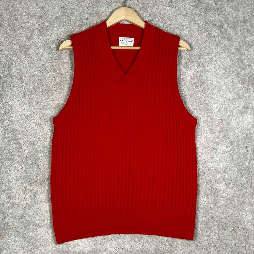VTG 70s Donegal V-Neck Sweater Vest Red Ribbed Acrylic Womens Medium Grandma